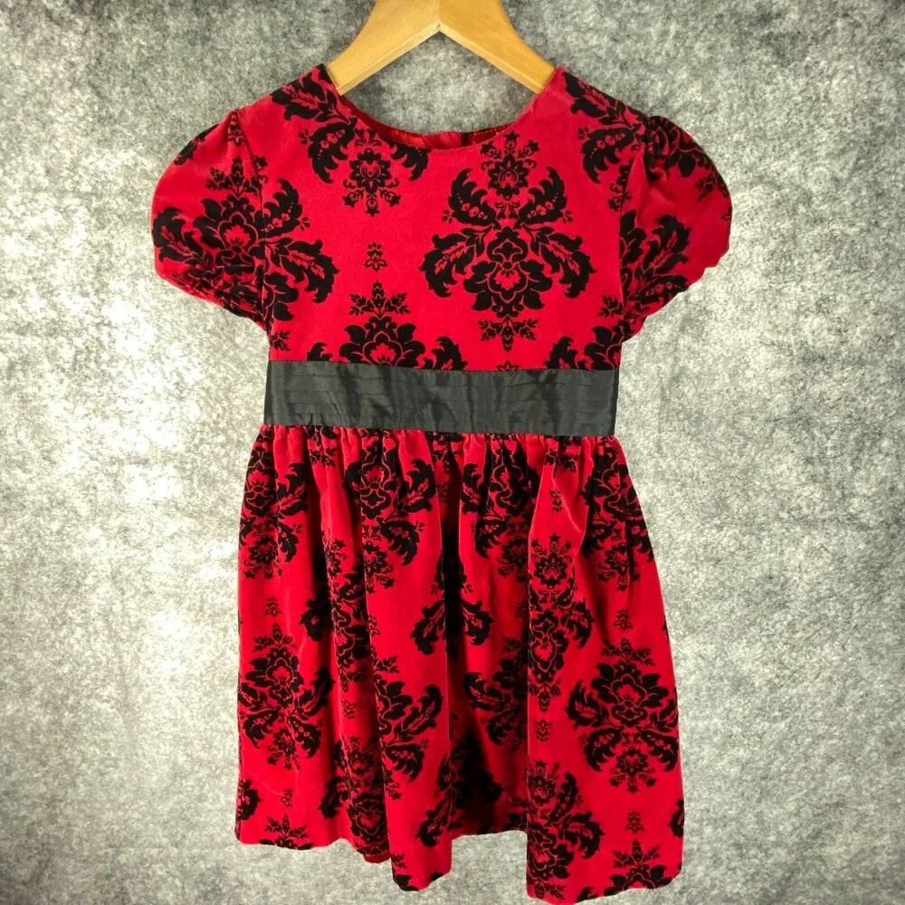 Hartstrings Dress Girls 7 Red Black Velvet Palampore Floral Ribbon Cotton Party